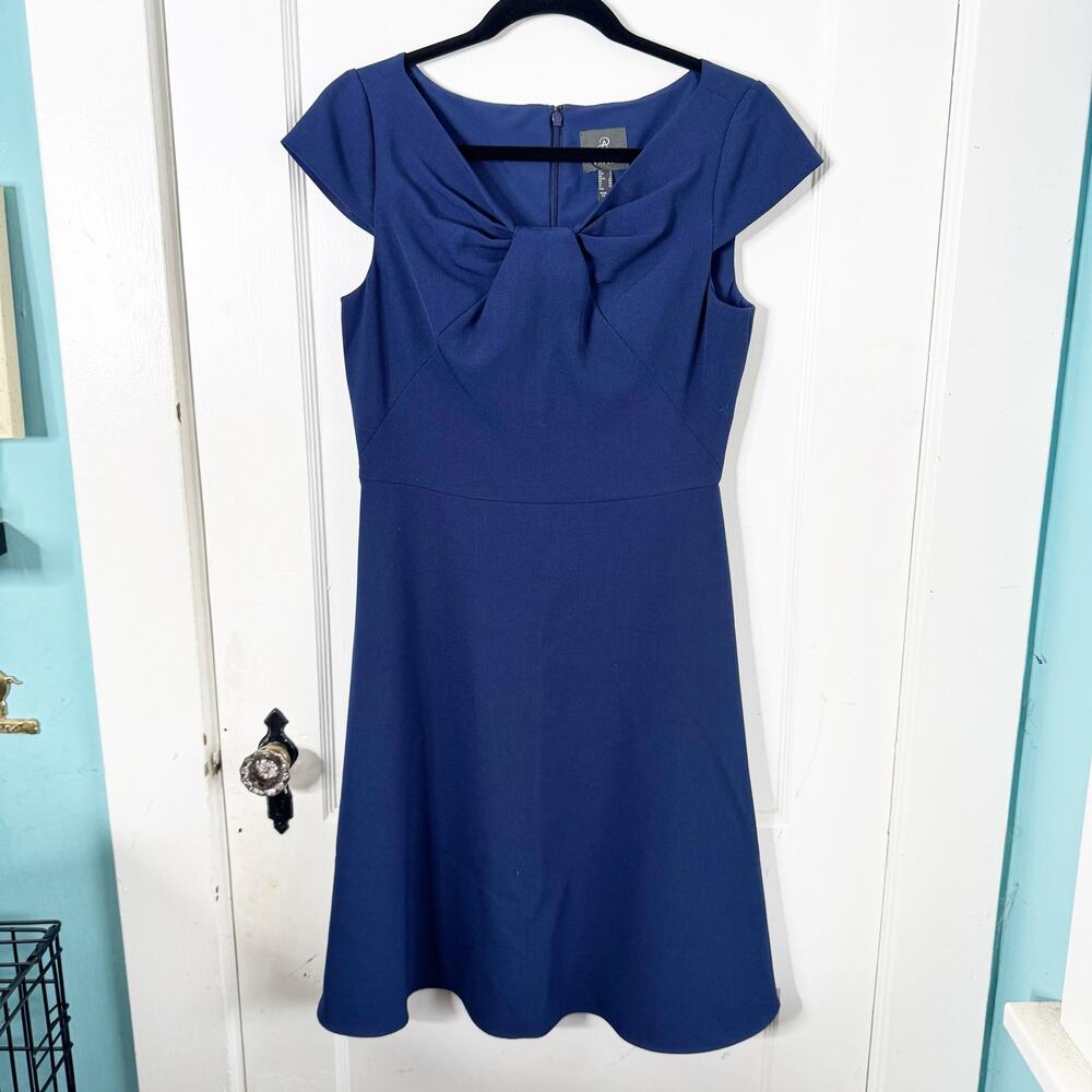 Adrianna Papell Crepe Drape Neck Dress A-Line Cocktail Wedding Navy Sateen 4